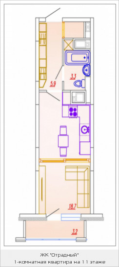 Однокомнатная квартира 29.1 м²