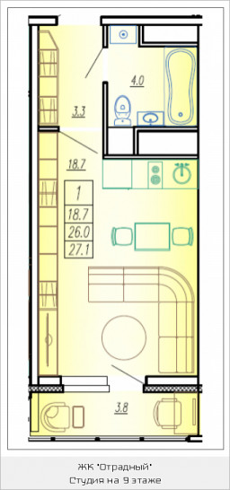 Студия 27.1 м²