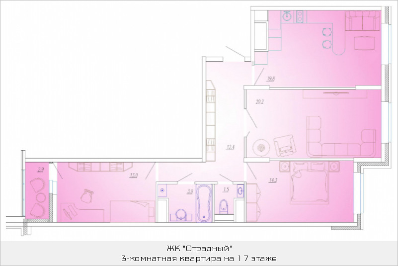 Трёхкомнатная квартира 86.6 м²