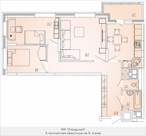 Трёхкомнатная квартира 72 м²