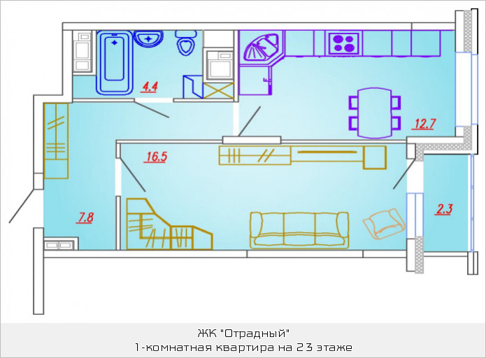 Однокомнатная квартира 41.9 м²