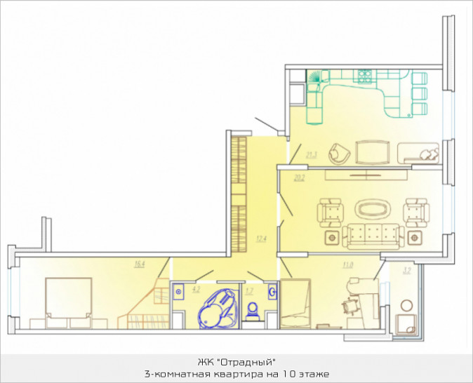 Трёхкомнатная квартира 88.8 м²