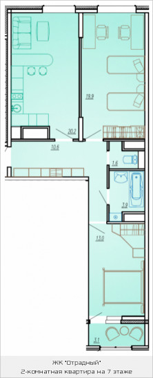 Двухкомнатная квартира 71.5 м²