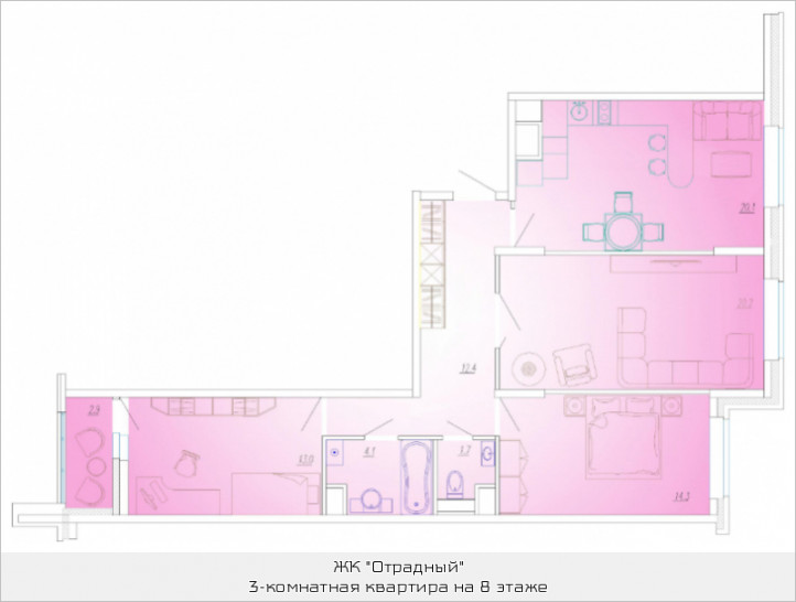 Трёхкомнатная квартира 87.3 м²