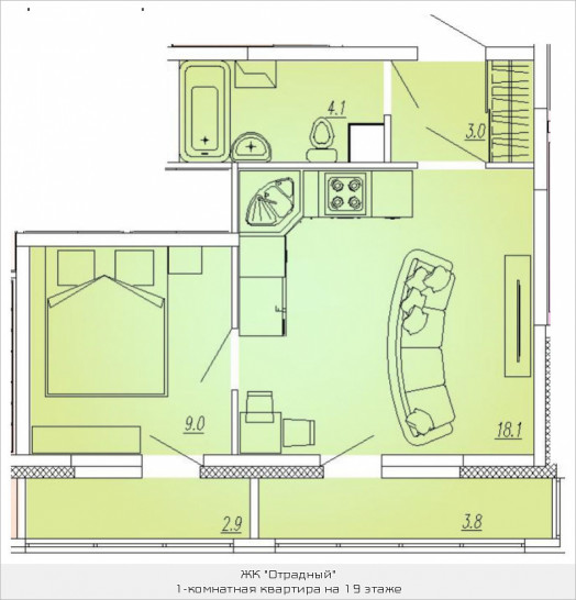 Однокомнатная квартира 36.3 м²