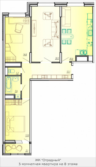 Трёхкомнатная квартира 88.3 м²