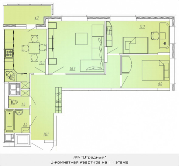 Трёхкомнатная квартира 73 м²