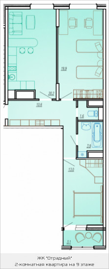 Двухкомнатная квартира 71.5 м²