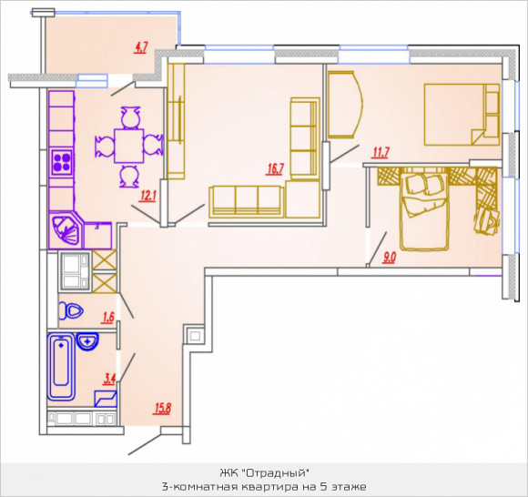 Трёхкомнатная квартира 72.8 м²