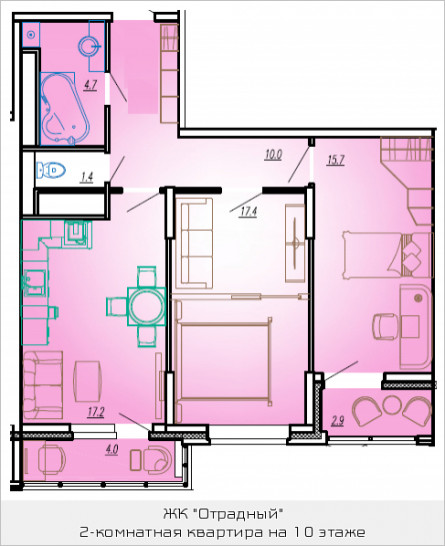 Двухкомнатная квартира 69.8 м²