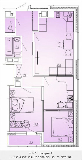 Двухкомнатная квартира 60.8 м²