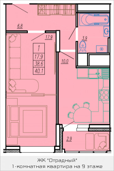 Однокомнатная квартира 40.1 м²