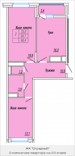 Двухкомнатная квартира 66.4 м²