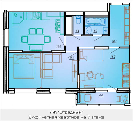 Двухкомнатная квартира 66.5 м²