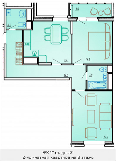 Двухкомнатная квартира 71 м²