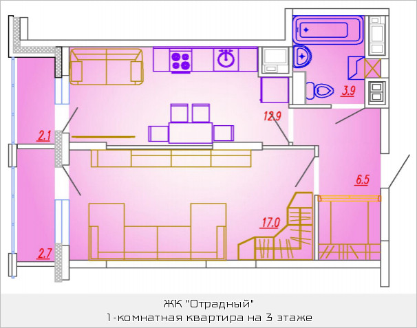 Однокомнатная квартира 42.5 м²