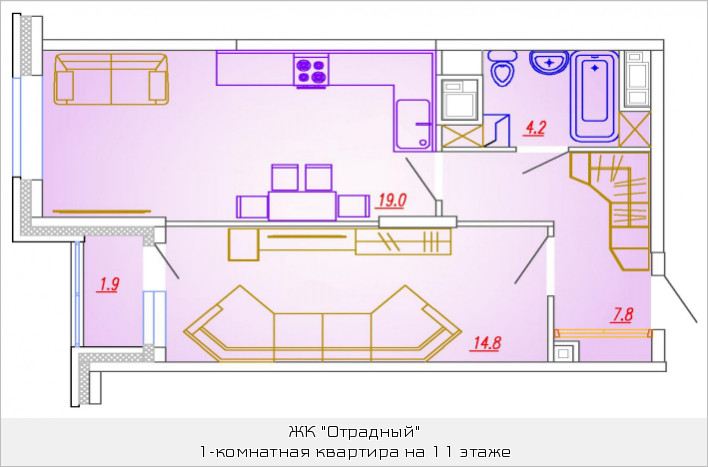 Однокомнатная квартира 46.2 м²