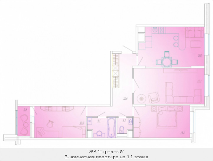 Трёхкомнатная квартира 87.3 м²