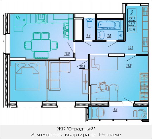 Двухкомнатная квартира 65.9 м²