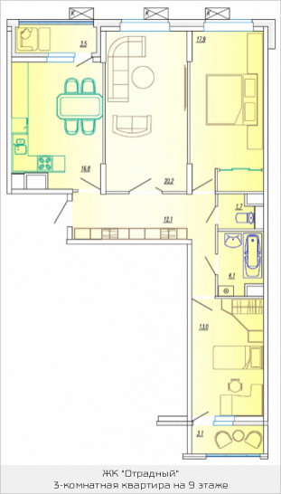 Трёхкомнатная квартира 89 м²