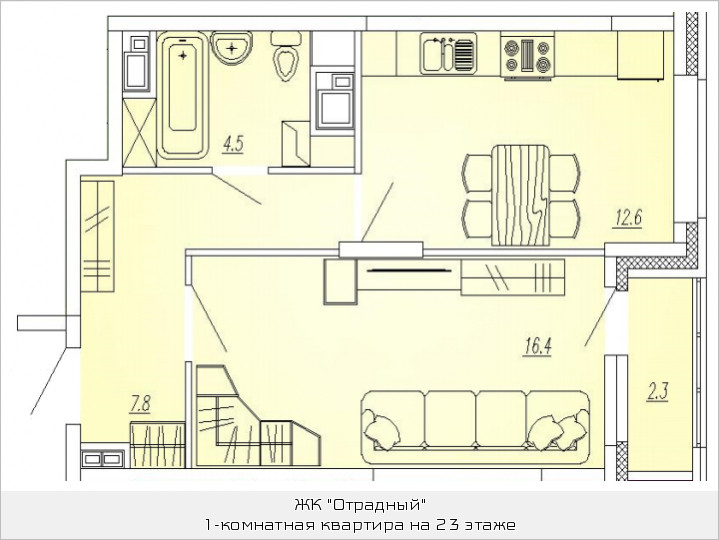 Однокомнатная квартира 42.5 м²