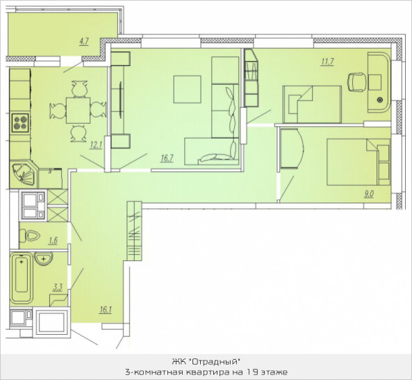 Трёхкомнатная квартира 72.3 м²