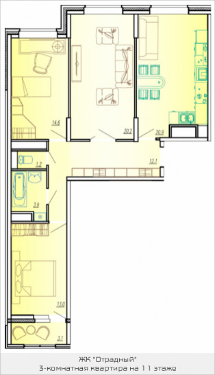 Трёхкомнатная квартира 88.3 м²