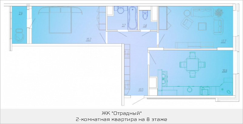 Двухкомнатная квартира 71.3 м²