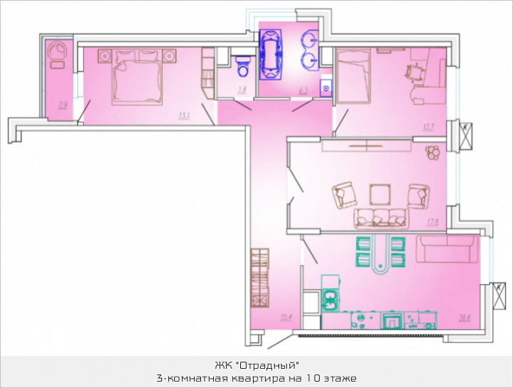 Трёхкомнатная квартира 89.2 м²