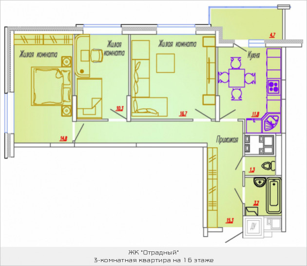 Трёхкомнатная квартира 75.9 м²