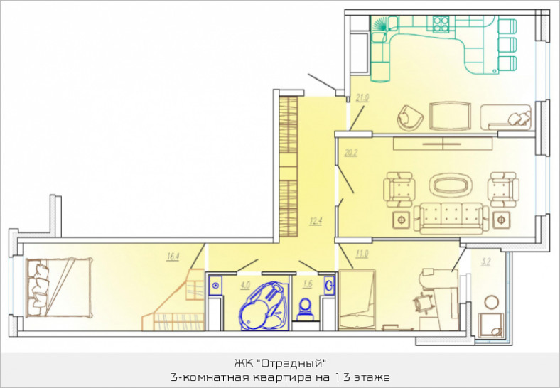 Трёхкомнатная квартира 88.2 м²