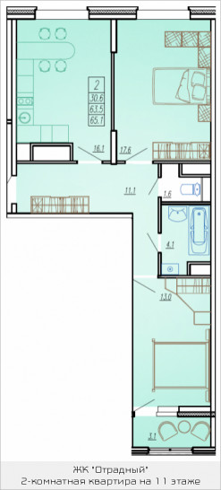 Двухкомнатная квартира 65.1 м²