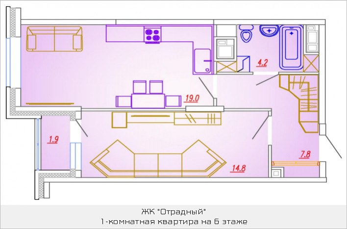 Однокомнатная квартира 46.2 м²