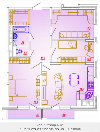 Трёхкомнатная квартира 87.2 м²