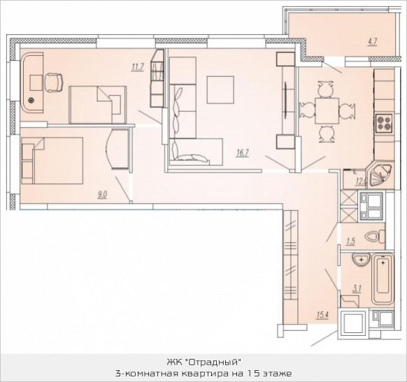 Трёхкомнатная квартира 71.6 м²