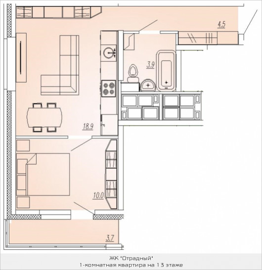 Однокомнатная квартира 38.6 м²