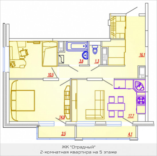 Двухкомнатная квартира 66.3 м²