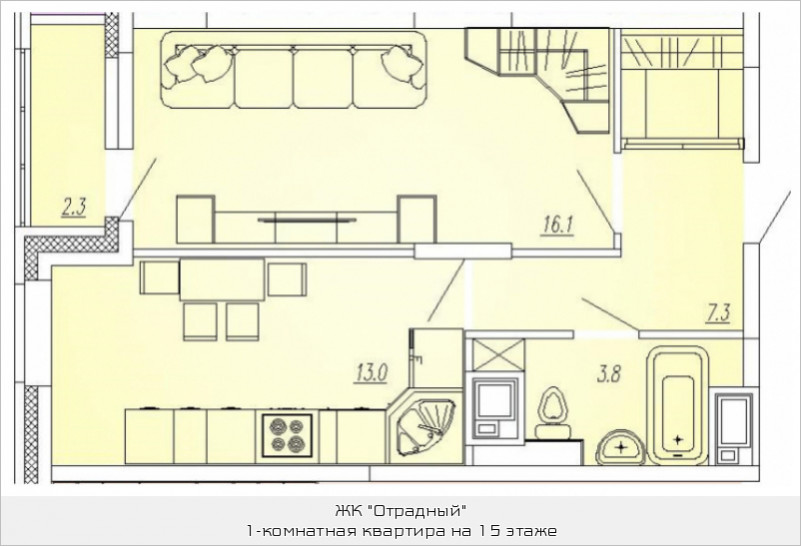 Однокомнатная квартира 41.1 м²