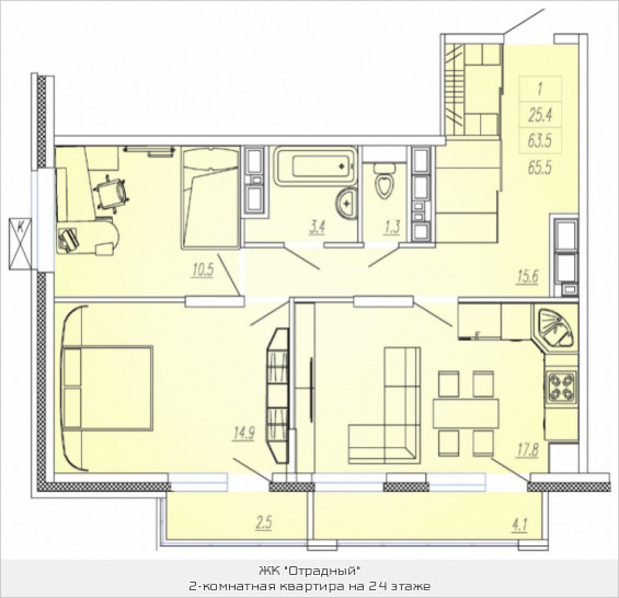 Двухкомнатная квартира 65.5 м²