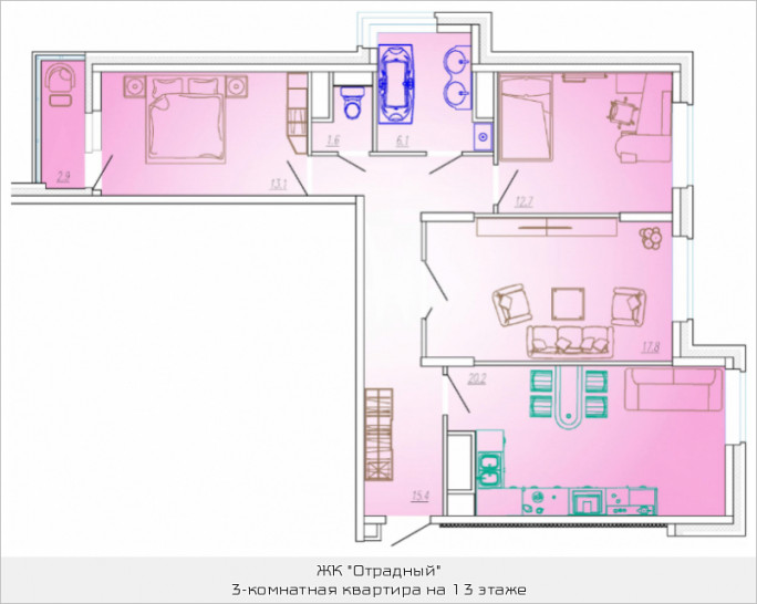 Трёхкомнатная квартира 88.4 м²